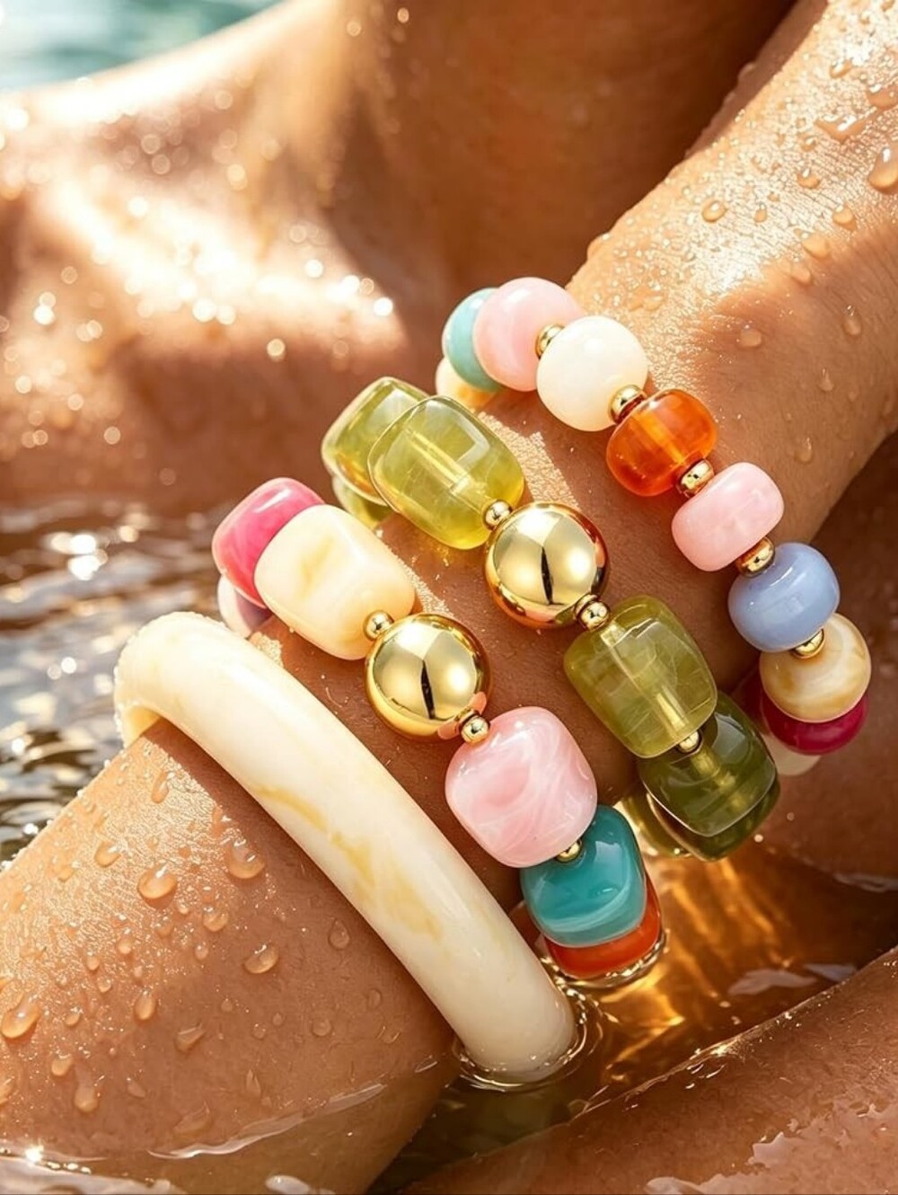 4 Pcs Beaded Bracelets for Women, Chunky Resin Acrylic Bangle set